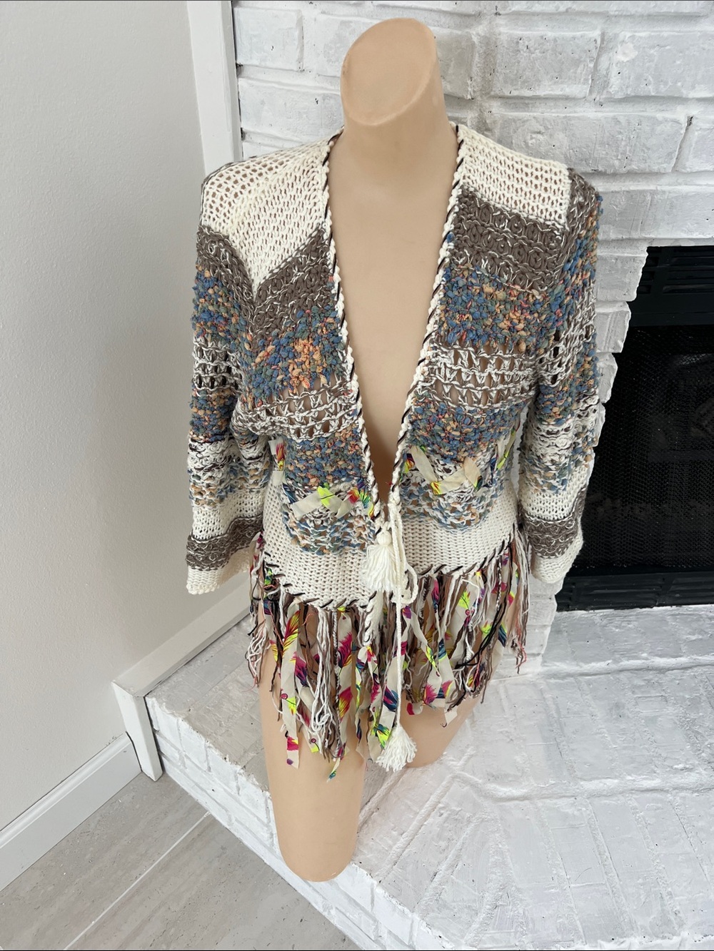 Fringed Open-Front Knit Cardigan - Cream Multi